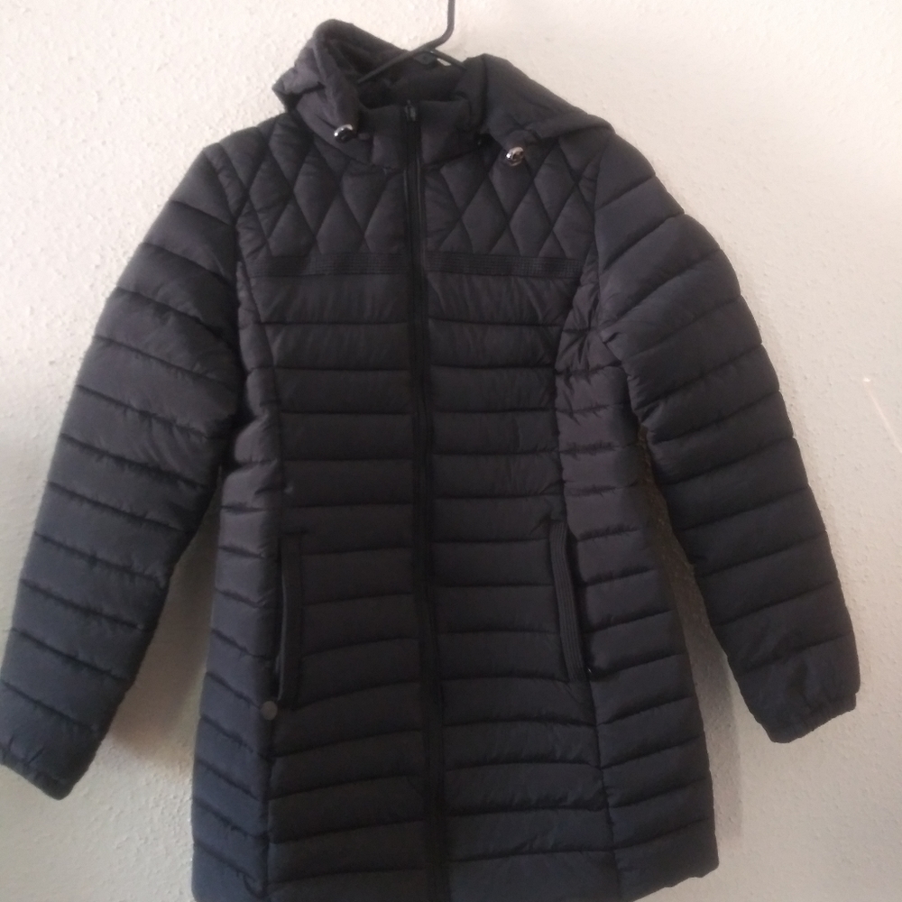 Black women's  jacket with a detachable hoodie.